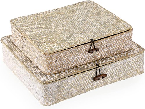 Hipiwe Wicker Storage Bins - Set of 2 Natural Seagrass Baskets with Lids | Multipurpose Home Organizer (Whitewash)