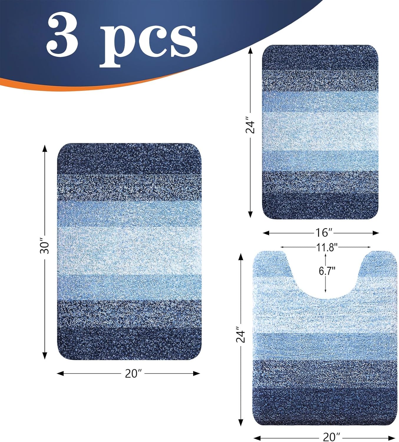 OLANLY Bathroom Rugs Set - Soft Absorbent Microfiber Mats & U-Shaped Contour Rug | Navy, 3-Piece Set (30"x20"+24"x16"+24"x20")