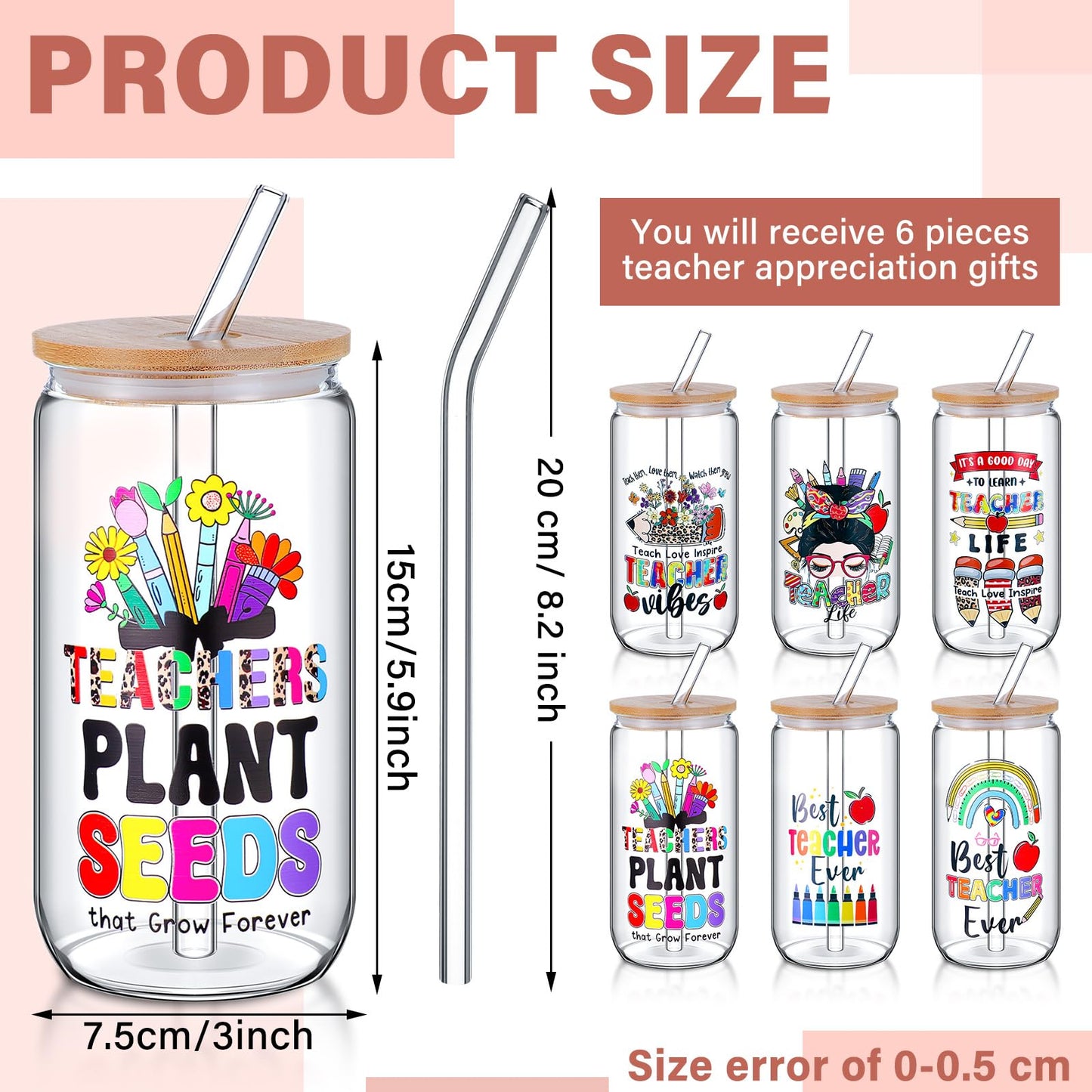 Uiifan 6 Pack 2026 Graduation Glass Cup Teacher Appreciation Gifts Bulk with Lids and Straws 16oz Drinking Drinkware Glasses Coffee Mugs Female Graduate Presents for Teacher