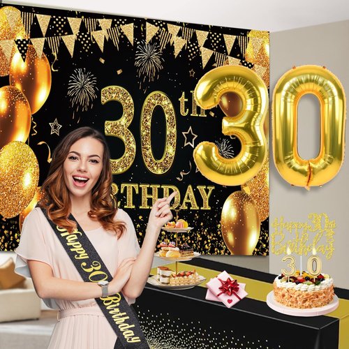 30th Birthday Decorations | Black and Gold Banner, Table Cloth, Balloons, Sash, Cake Topper & Candles