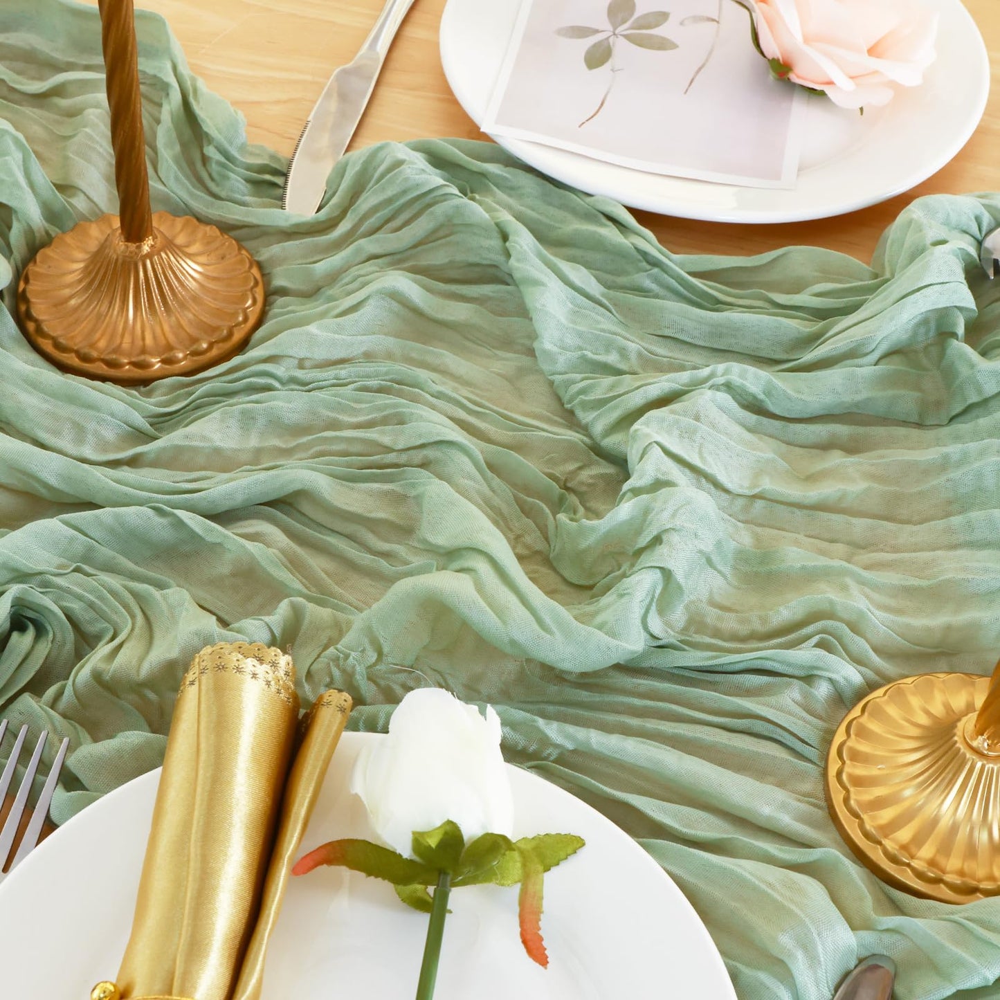 Sage Green Table Runner 35x120 Inch Cheesecloth Table Runner 3 Pack for Baby Shower, Boho Decor, Wedding Decoration, Jungle Theme Party