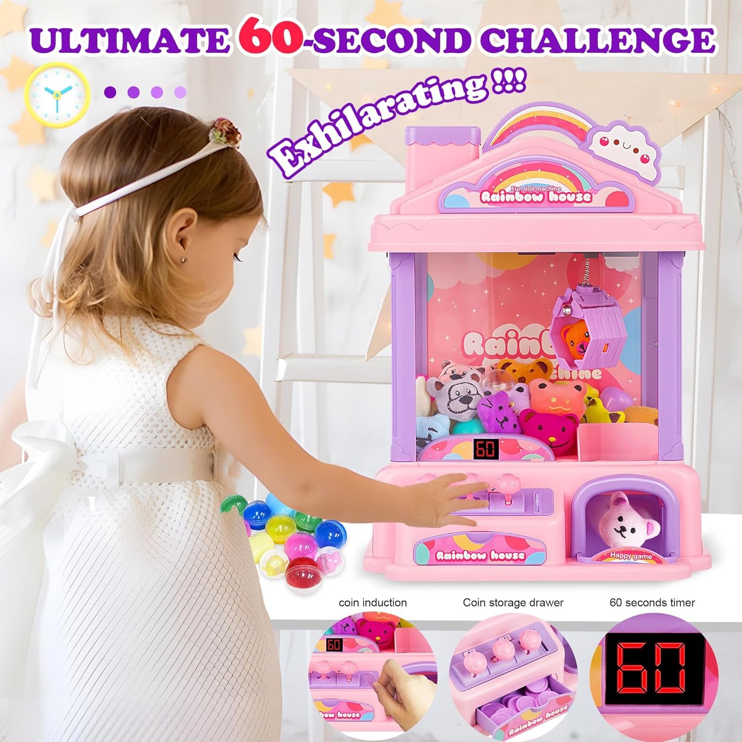 Skiennix Mini Claw Machine - Electric Arcade Game Toy with LED Lights & Adjustable Sound | Pink, Perfect for Kids Ages 4-13