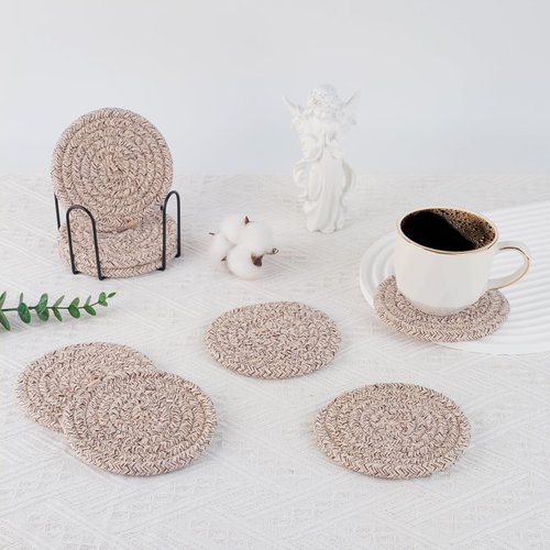 Coasters with Holder, Cotton Woven Coasters，Absorbent Coaster Set of 8 for Table Protection, Home Decor, Glasses, Cups, Bar, Housewarming Gift