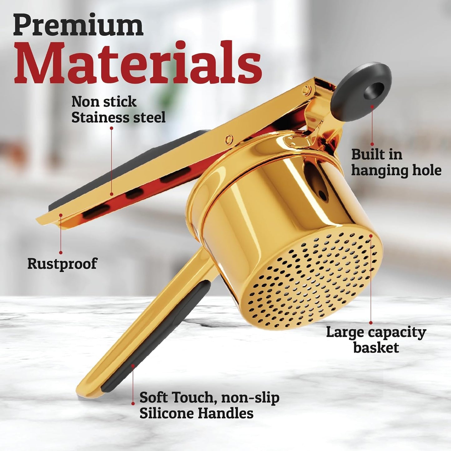 PriorityChef 15oz Potato Ricer - Heavy Duty Stainless Steel Masher for Perfect Mashed Potatoes | Gold & Black