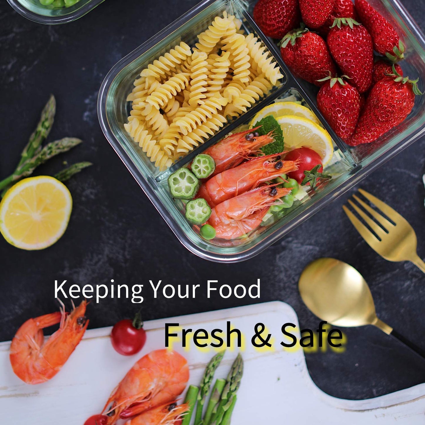 Bayco 8 Pack Glass Meal Prep Containers 3 Compartment, Glass Food Storage Containers with Lids, Airtight Glass Lunch Bento Boxes, BPA-Free & Leak Proof (8 lids & 8 Containers) - Grey