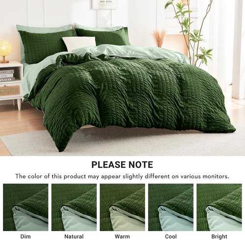 HYMOKEGE Queen Comforter Set - Luxury 7-Piece Bedding Set in Dark Green/Sage Green | All-Season Seersucker Design