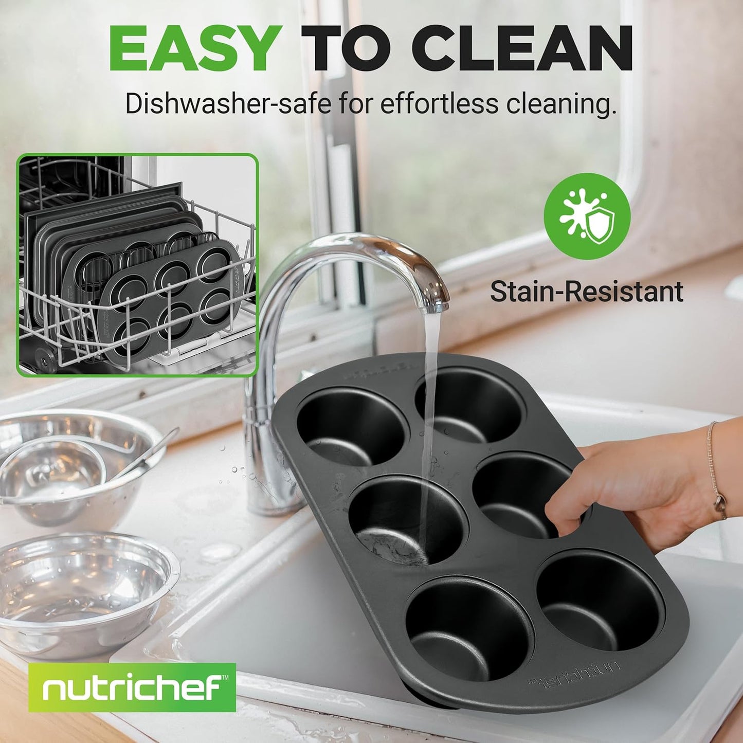 NutriChef 6-Piece Toaster Oven Bakeware Set - Non-Stick, Stackable Carbon Steel Pans & Muffin Trays