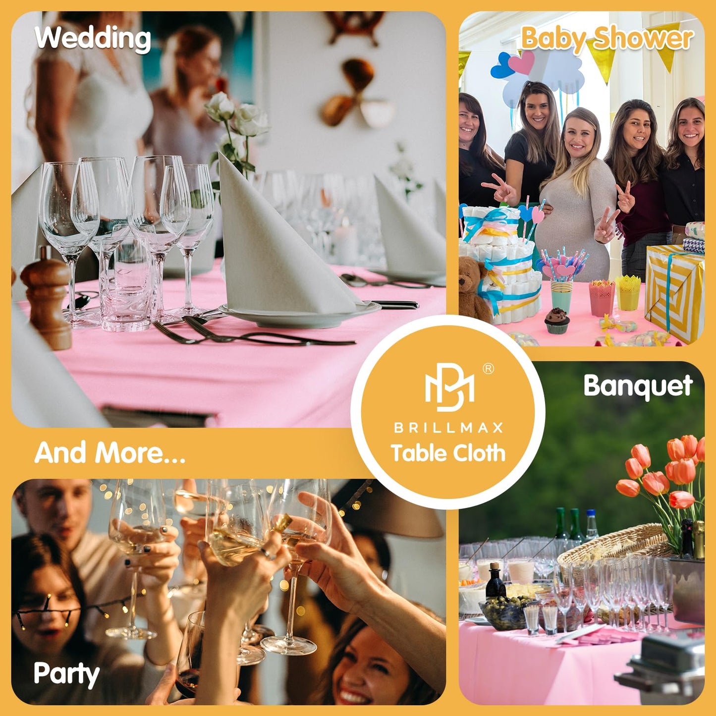 BRILLMAX 4 Pack Pink Tablecloths 90 x 132 Inch for 6ft Rectangle Tables - 150 GSM Polyester Fabric, Floor Length Drop, Water, Stain & Wrinkle Resistant Cloth Cover for Wedding Reception Banquet