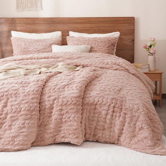 PHF Fluffy Sherpa Fleece Twin Comforter Set, 2 Pieces Warm Fuzzy Soft Bedding for Winter, 3D Tufted Flannel Plush Shaggy Bed Set, 1 Comforter (68"x90") and 1 Pillowcase (20"x26"), Pink