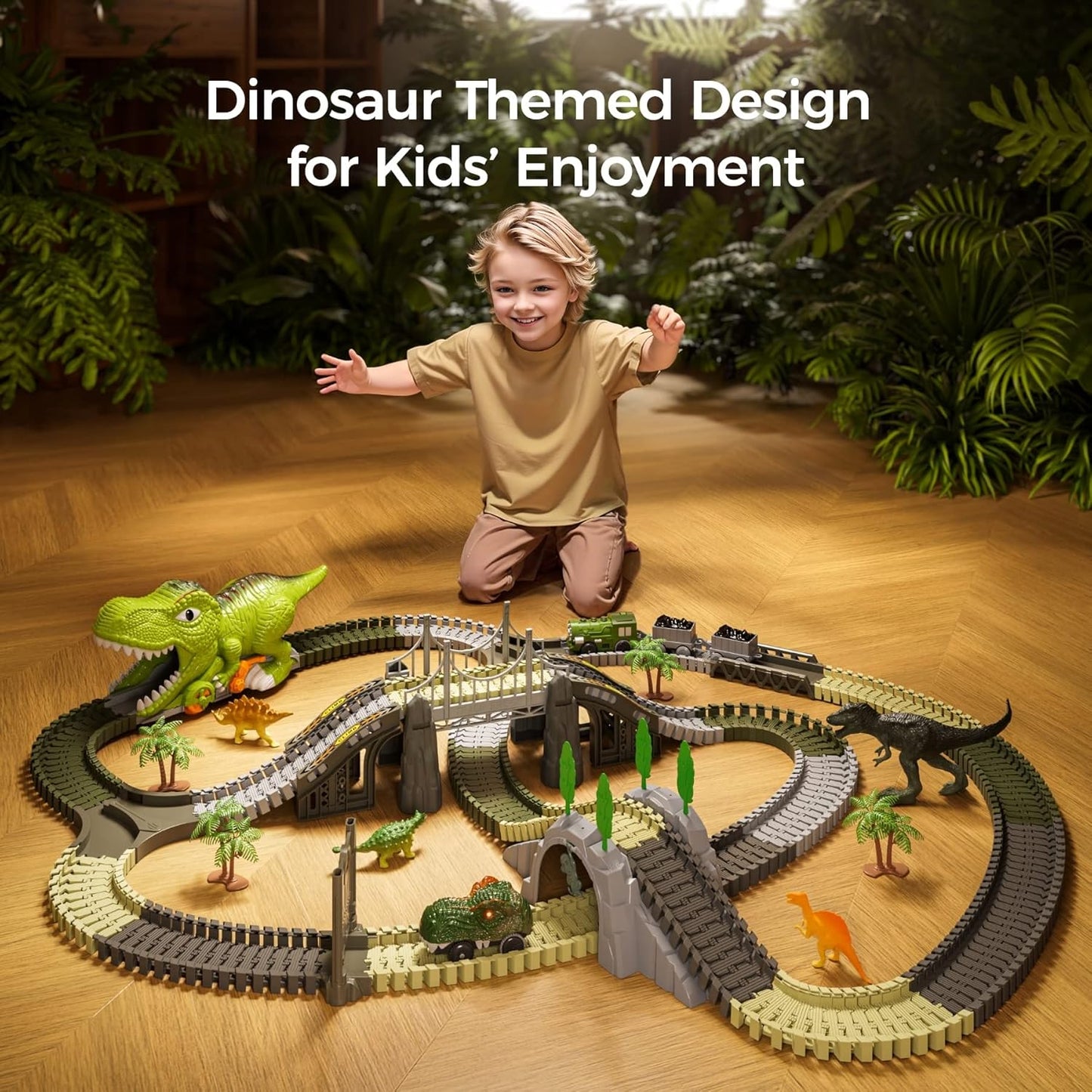 TUMAMA Dinosaur Train Set - 281 Pcs Flexible Race Track with 4 Dinosaurs & 2 Electric Cars for Kids 3-7