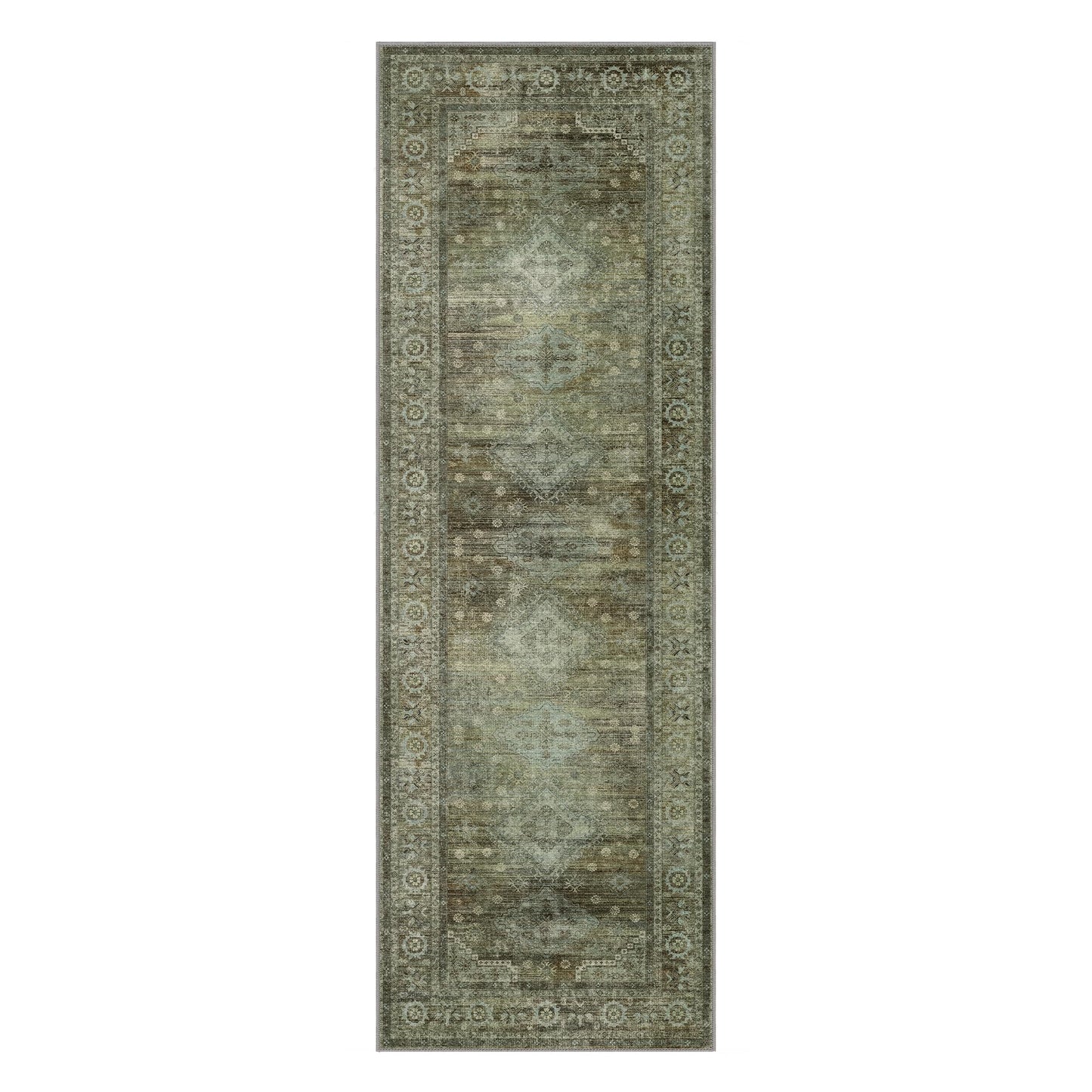 BEIMO Runner Rug 2x12 for Hallway Living Room Bedroom, Washable Thin Chenille Rug, Print Vintage Tribal Aesthetic Carpet, Low Pile Mat with Non Slip Rubber Backing, Distressed Sage