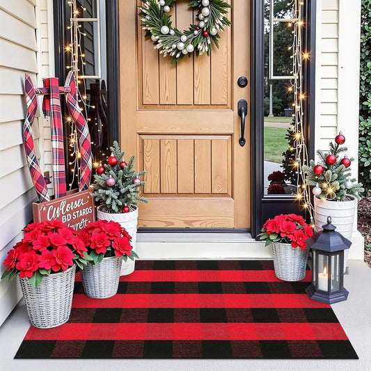 OLANLY Buffalo Plaid Rug - Washable Red and Black Cotton Checkered Doormat | 2'4" x 3'7" for Indoor/Outdoor Use