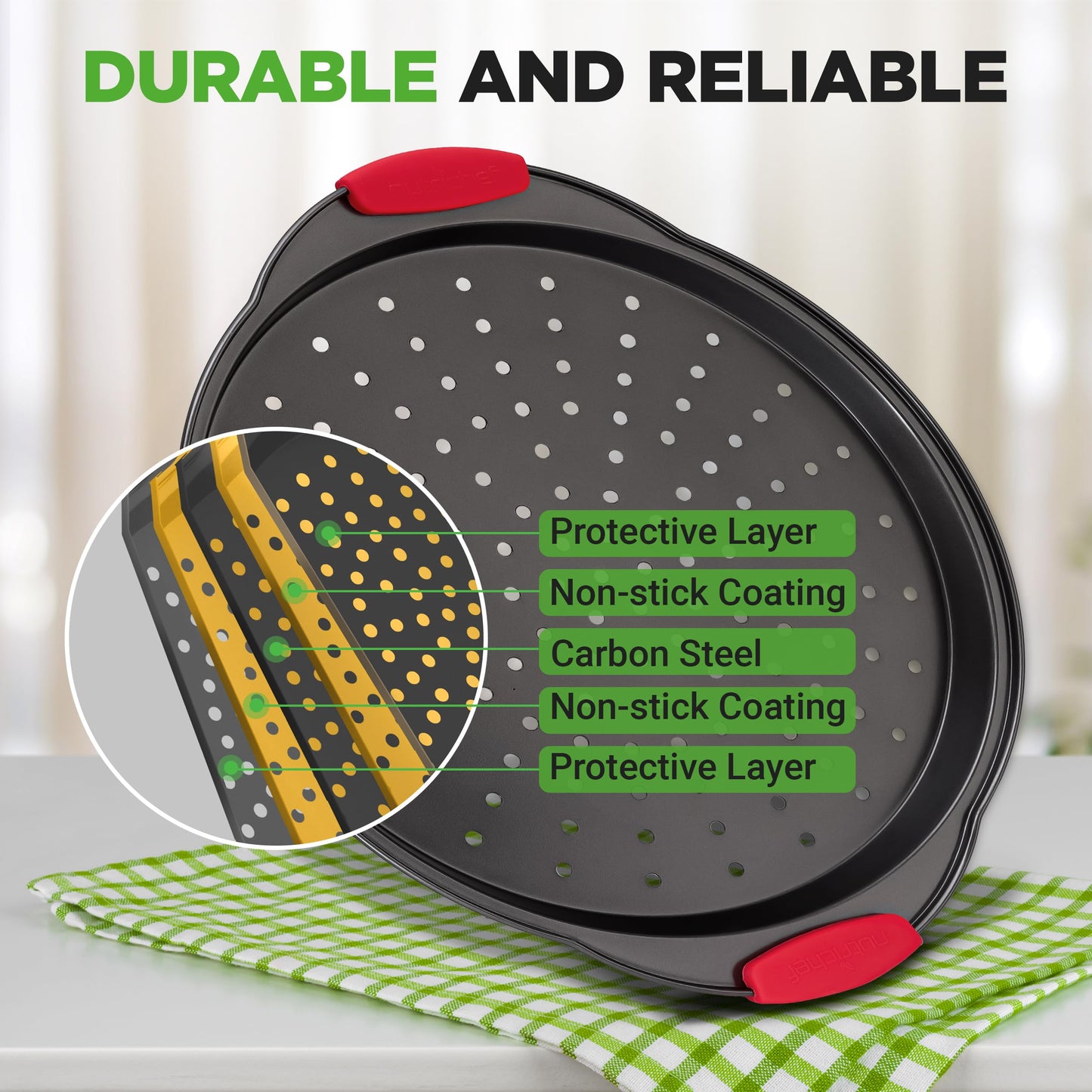 NutriChef 13-Inch Nonstick Pizza Tray - Round Carbon Steel Non-Stick Pizza Pan with Perforated Holes, Premium Bakeware Pizza Screen with Silicone Grip Handles, Dishwasher Safe - NCBPIZ1
