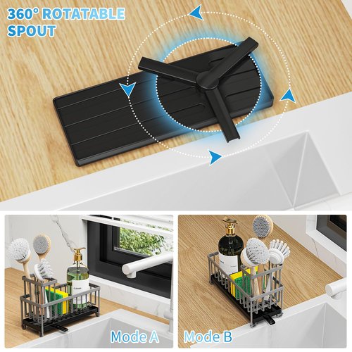 Cisily Sponge Holder for Kitchen Sink, Sink Caddy Organizer with High Brush Holder, Kitchen Countertop Organizers and Storage Essentials, Rustproof 304 Stainless Steel (Dark Grey, 9.25″)