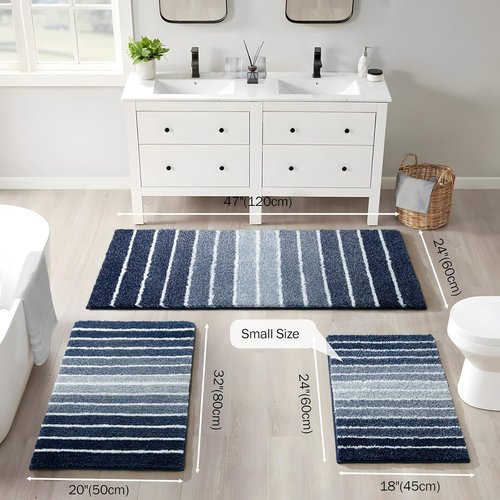 Blue Bathroom Rug - Non-Slip, Soft & Absorbent 18"x24" Navy Stripe Bath Mat | Machine Washable