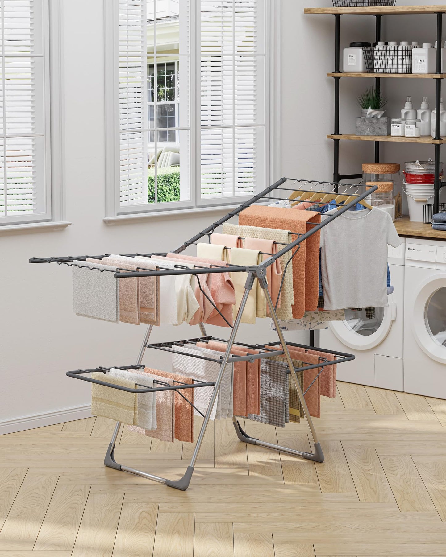 Sakugi Clothes Drying Rack, Foldable 2-Level Laundry Drying Rack with Height-Adjustable Wings, for Clothing & Bedding, Free-Standing Space-Saving Rack, Indoor & Outdoor, 55.5" L × 22.8" W, Gray