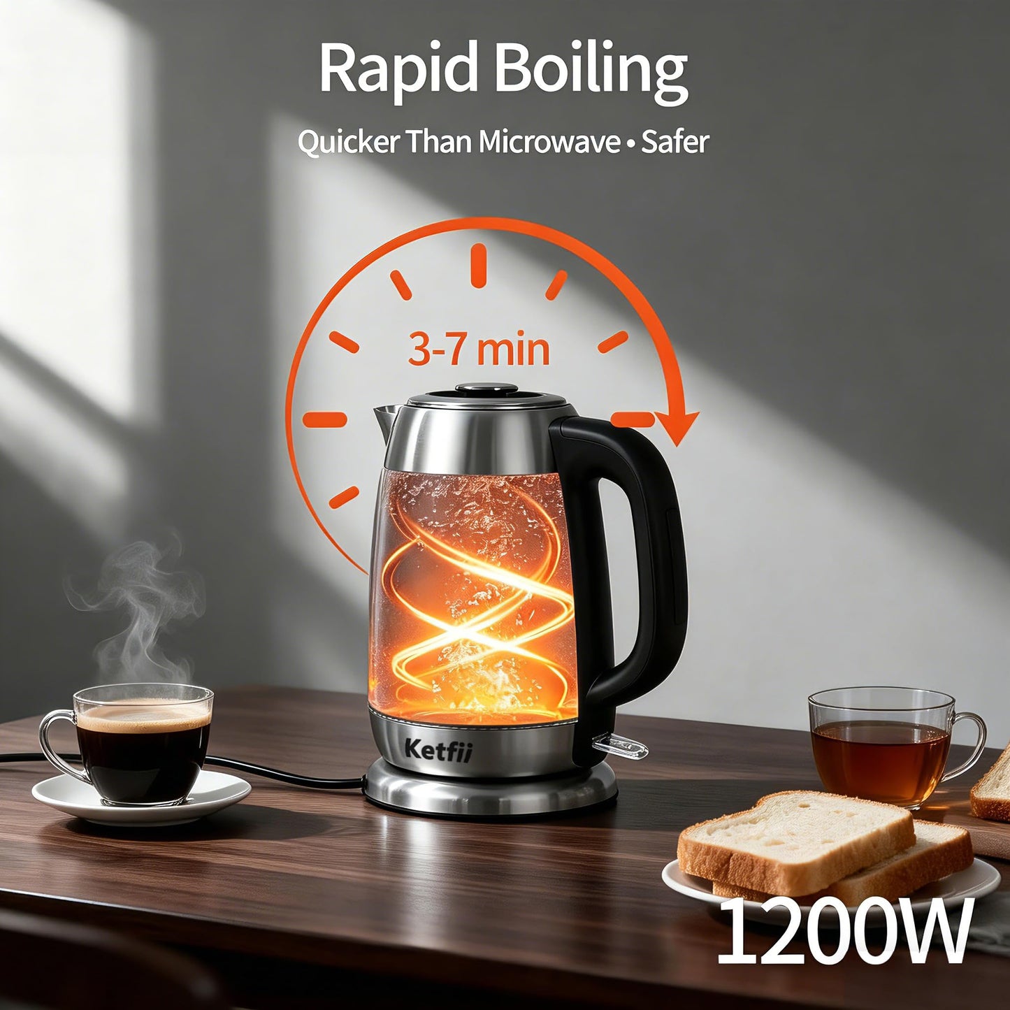Electric Glass Kettle 1.8L, 1200W Fast Boil for Tea & Coffee, Auto Shut-Off & Boil-Dry Protection, BPA-Free, 304 Stainless Steel & Borosilicate Glass, Removable Lid for Easy Cleaning