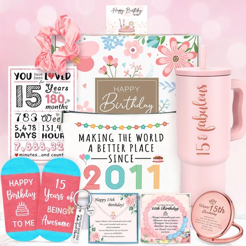 15 Year Old Girl Birthday Gifts for 15 Years Old Girl Gift Trendy Stuff Happy 15th Birthday Gifts for Girls Cool 15 Year Olds Gift Ideas Sweet 10th Decoration Present Set with Tumbler Socks Makeup Bag