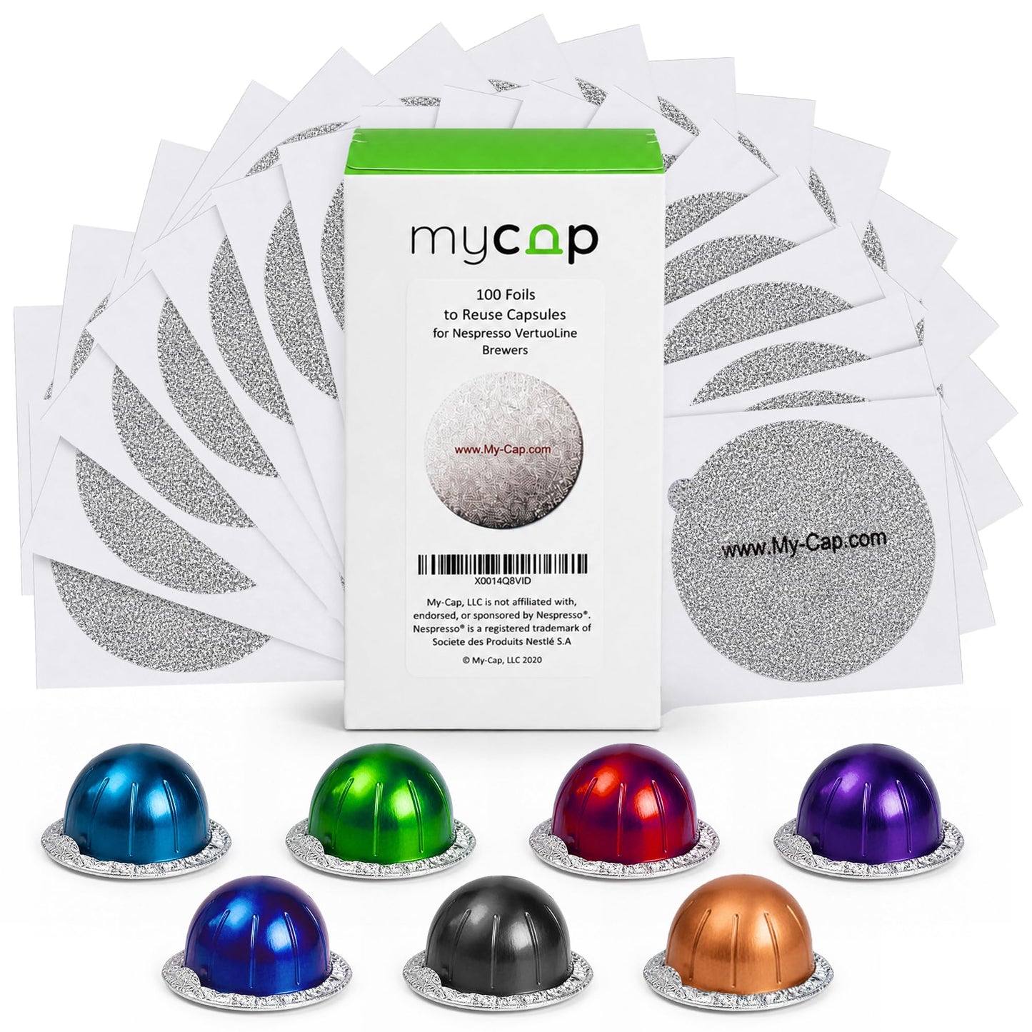 My-Cap Foil Seals for Nespresso Vertuo Pods - Reusable Aluminum Lids to Extend Life of Nespresso VertuoLine Capsules (Pack of 100)
