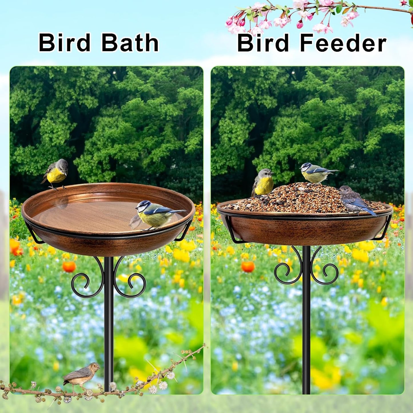 Skiennix 38-Inch Freestanding Bird Bath - Detachable Feeder Bowl with Sturdy Metal Stake | Vintage Bronze Finish