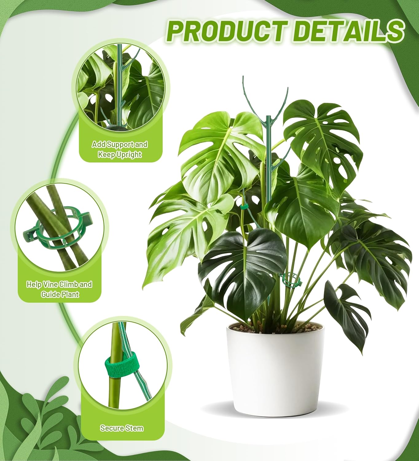 Skiennix Plant Support Stakes - 6 Stackable Poles with 20 Clips & Tie for Monstera Climbing Plants, Green