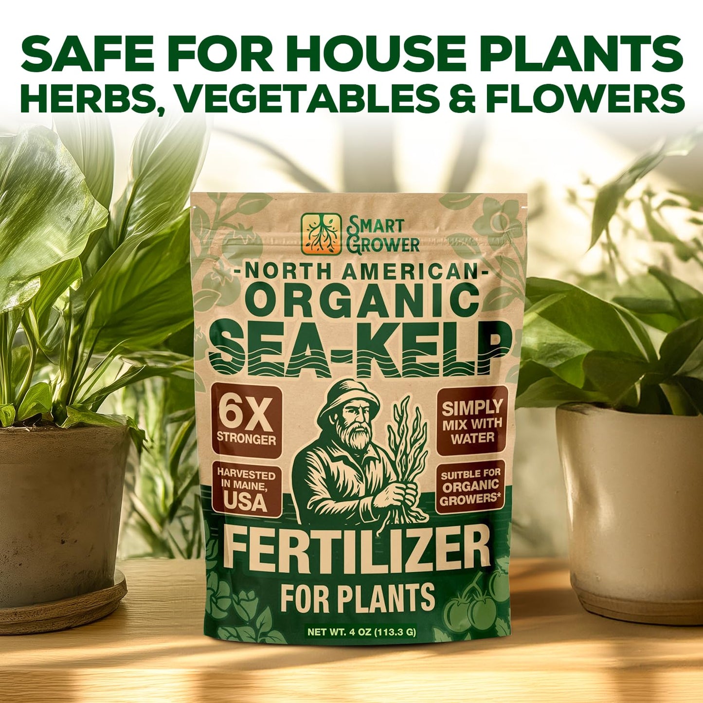 Smart Grower Organic Sea Kelp Fertilizer - Water-Soluble Plant Food for Indoor Gardens | 4oz Bag Makes 100 Gallons