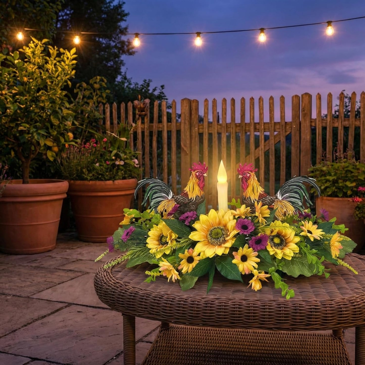 Svndlyn Rooster Kitchen Decor - Rustic Farmhouse Centerpiece with Flameless Candle & Sunflowers | Dining Table Accent