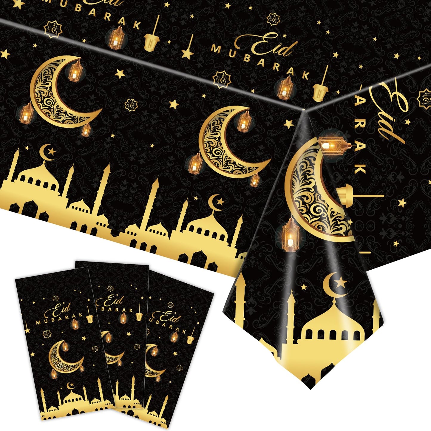 3 Pack Ramadan Decorations Ramadan Table Cloth, Black and Gold Eid Mubarak Tablecloth, 108x54 inch Ramadan Mubarak Table Cover, Ramadan Eid Decorations for Home, PE Plastic Disposable Tablecloth