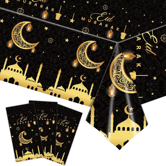 3 Pack Ramadan Decorations Ramadan Table Cloth, Black and Gold Eid Mubarak Tablecloth, 108x54 inch Ramadan Mubarak Table Cover, Ramadan Eid Decorations for Home, PE Plastic Disposable Tablecloth