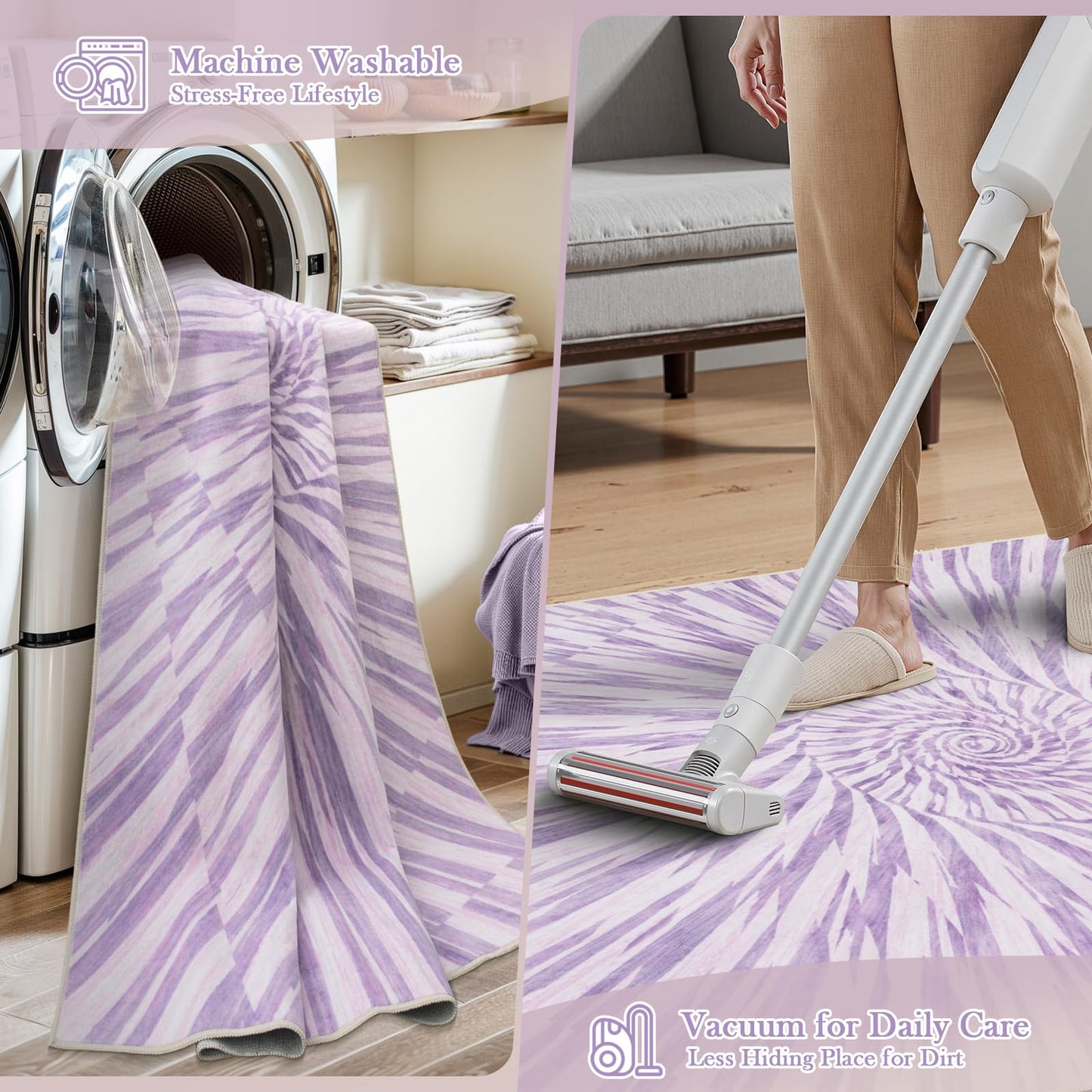 Wonnitar Purple Rug for Bedroom Girls, Abstract Swirl 5x7 Area Rug for Nursery, Washable Ultra-Thin Ombre Soft Modern Carpet for Living Room Kids Room (5x7ft, Lavender/Multi)