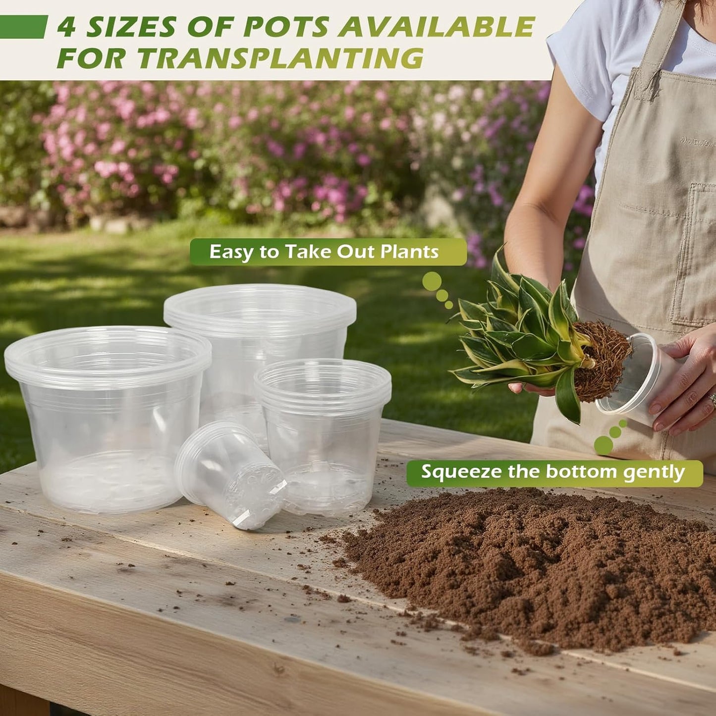 Skiennix Large Clear Nursery Pots - Durable Plastic Plant Pots with Drainage Holes | 4/6/8/10 Inch, 16 Pack