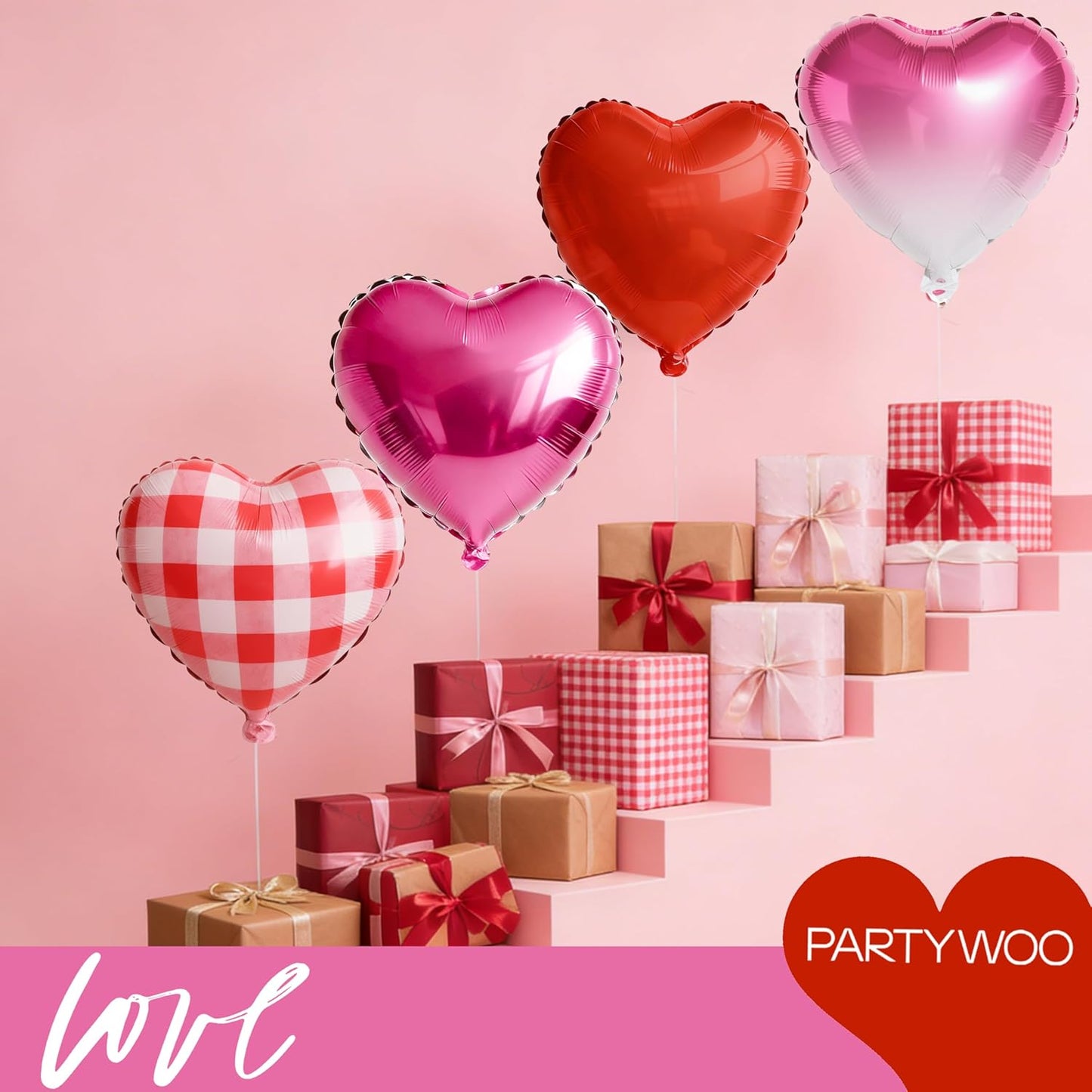 PartyWoo Pink Balloons - 127 Pcs in Various Sizes | Hot Checkered Marble Gradient Heart-Shaped for Valentine's Day & Weddings