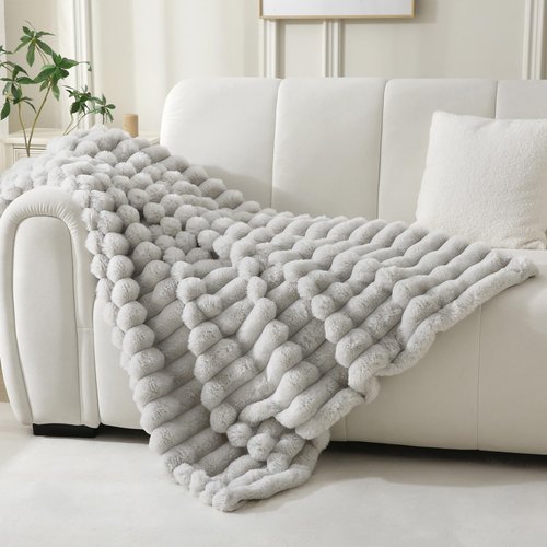 DaysU Cozy Faux Fur Throw Blanket 50x60 Inches Light Gray Ultra Plush Striped for Couch Bedroom Living Room, Fluffy Warm Home Decor Essential
