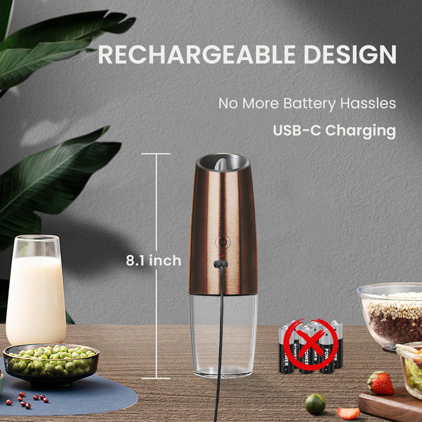 BELRIGO Rechargeable Salt And Pepper Grinder Set with LED Light, Automatic Electric Gravity Salt And Pepper Shakers Set, No Battery Needed, Adjustable Roughness, 2 Pack (Copper)