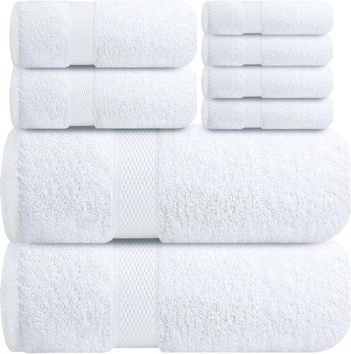 Infinitee Xclusives Luxury 100% Cotton Towel Set - 8 Piece Soft & Absorbent Bathroom Towels | Brilliant White