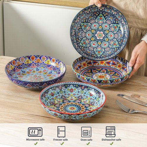 glowworm Pasta Bowls Set of 4, 42 oz Ceramic Salad Bowls for Kitchen, 9.7 Inch Colorful Serving Bowls for Soup, Dinner, Fruit, Dishwasher & Microwave Safe, Bohemian