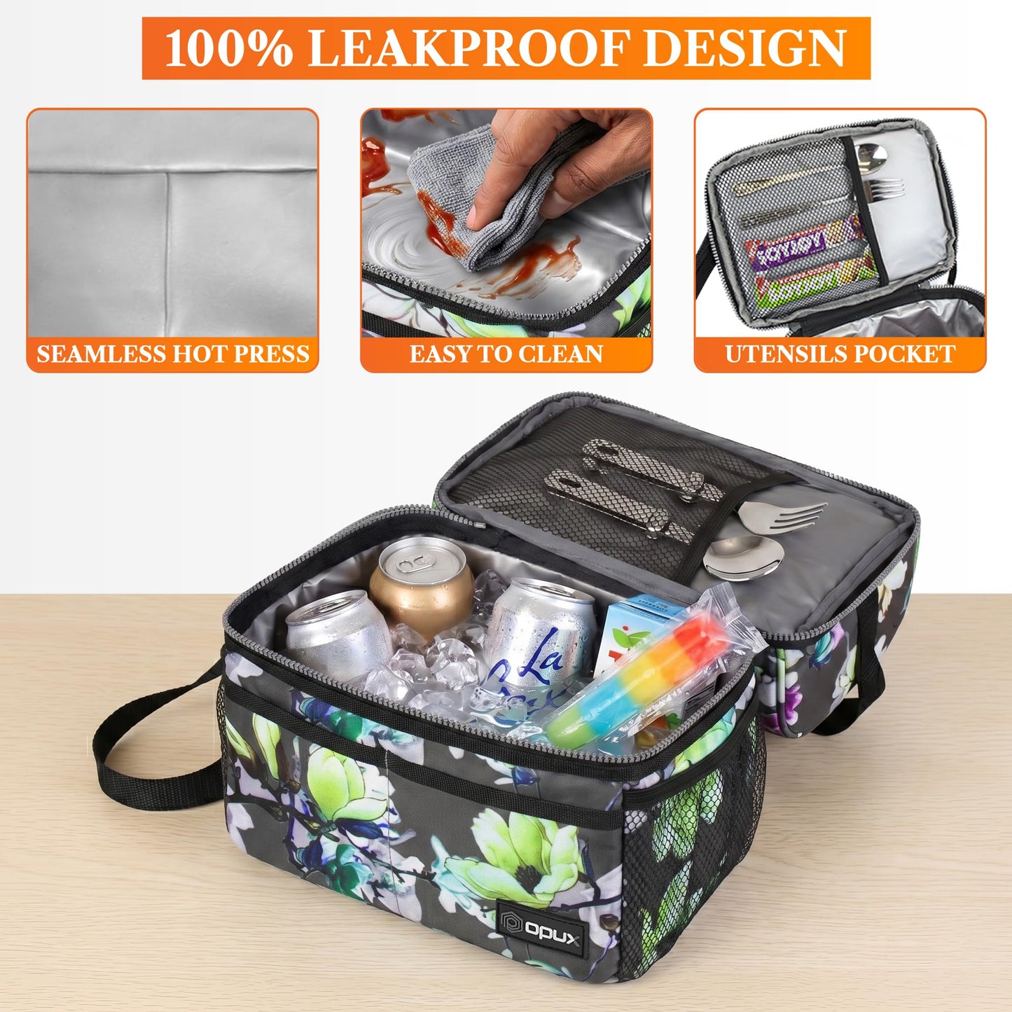 OPUX Insulated Lunch Bag for Women, Double Decker Leakproof Lunch Box Cooler Tote with Shoulder Strap, Large Lunchbox for Work School Travel Meal Prep, Adults Kids Men Girls Boys, Floral Gray, 16 Cans