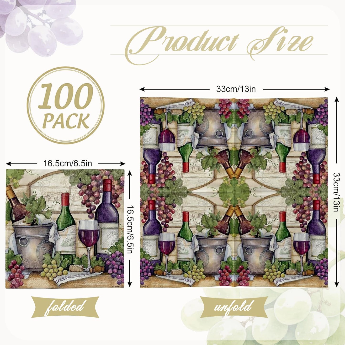 JarThenaAMCS 100Pcs Paper Napkins Vintage Red Wine Glass Disposable Luncheon Napkin Grapes Vineyard Dessert Dinner Hand Napkin for Drinks Theme Party Supplies