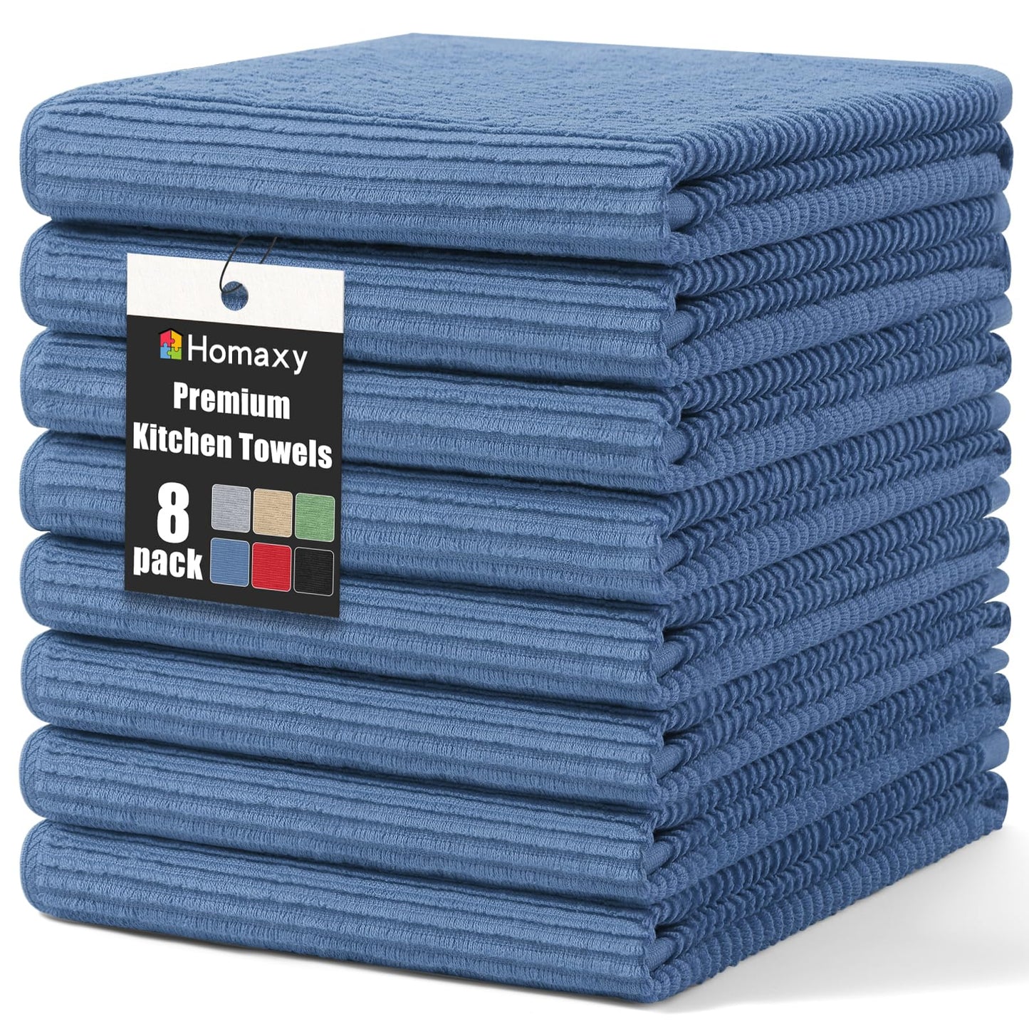 Homaxy Premium Kitchen Towels (18"x 28", 8 Pack), Large 100% Cotton Kitchen Hand Towels, Ultra Absorbent Ribbed Terry Tea Towels Set with Hanging Loop, Black