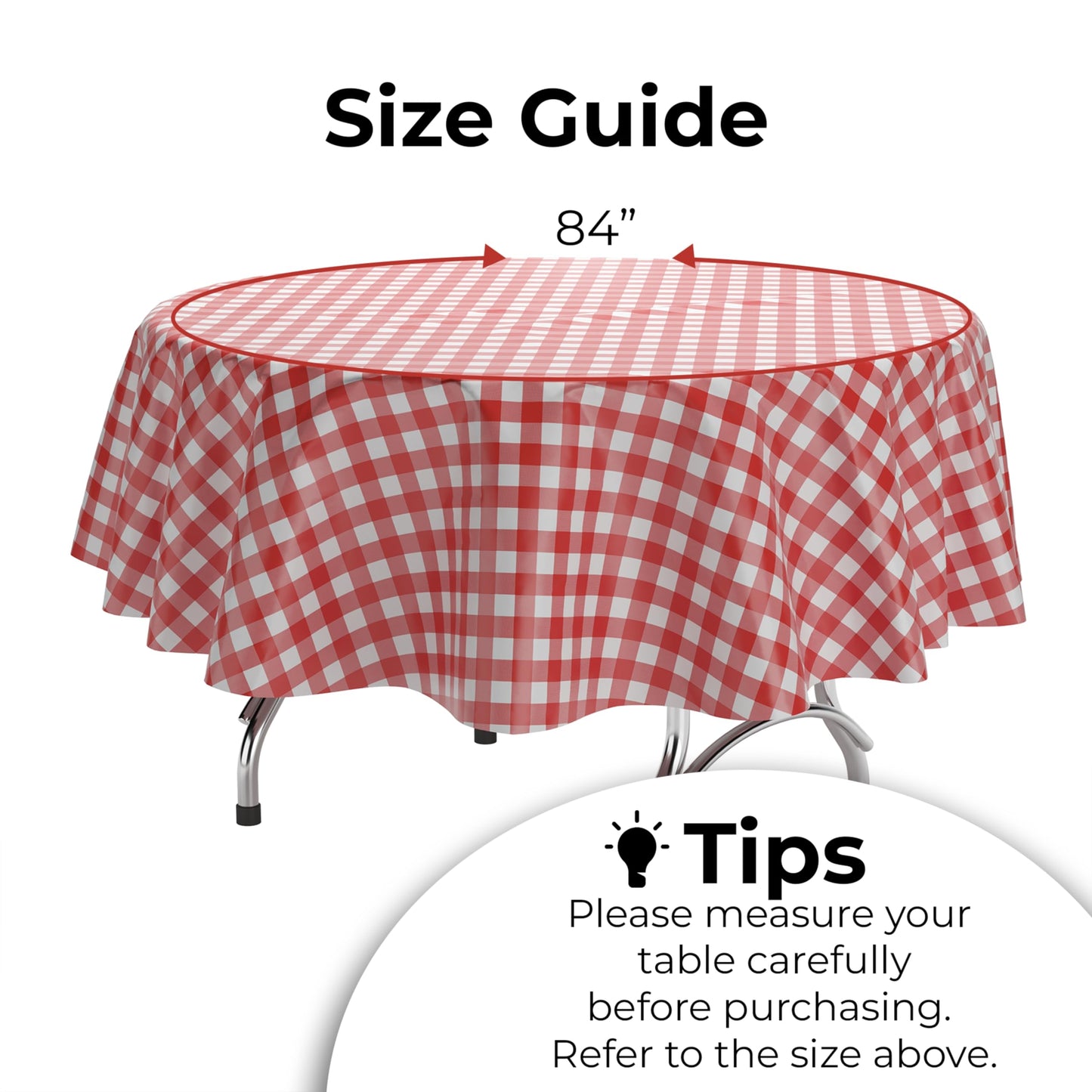 Exquisite Picnic Table Cover - 12 Pack Premium Round Tablecloth - Red & White Checkered BBQ Plastic Table Cover - Gingham Checkerboard Disposable Plastic Tablecloth 84 inch. Round