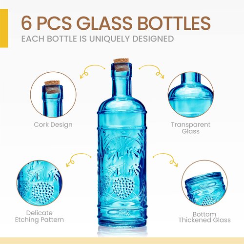 BULK PARADISE Assorted Blue Glass Bottles with Corks, 6 Pack, 2.5in X 9in, 16oz
