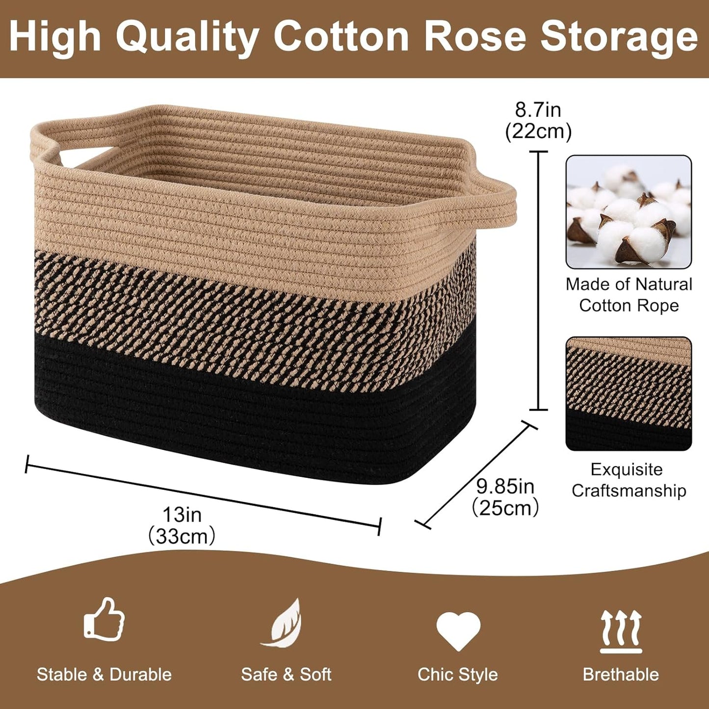 OIASKET Storage Basket - Woven Organizing Bins for Toys, Books, Nursery | Pack of 3 (Black & Brown, 13"x9.85"x8.7")