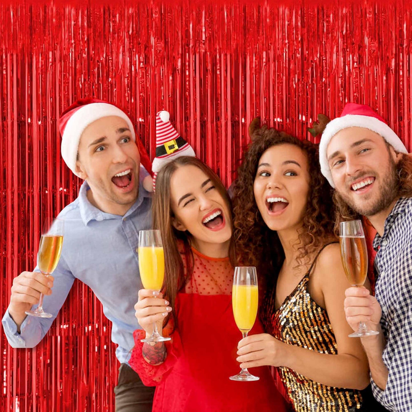 3 Pack Red Foil Fringe Curtains Backdrop, 3.28 x 8.2 Ft Metallic Streamers Tinsel Curtains Background for Photo Booth, Birthday, Halloween, Christmas, Thanksgiving, New Year Party Decorations