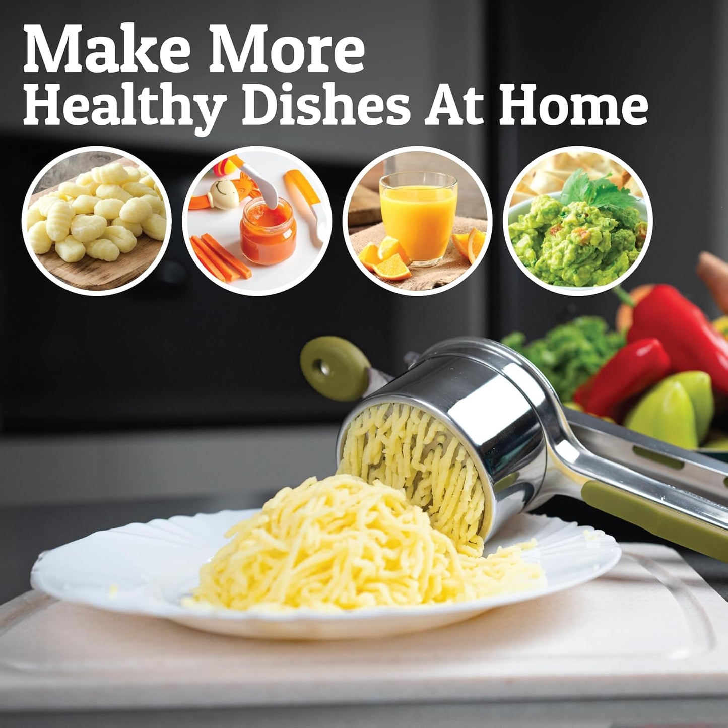 PriorityChef 15oz Potato Ricer - Heavy Duty Stainless Steel Masher with 3 Discs | Olive Green
