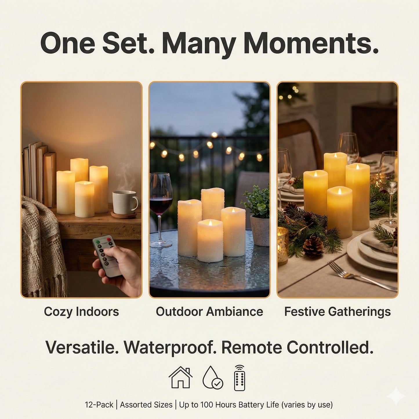 Enido 24 Pc Flameless LED Candles with Remote & Timer, Outdoor Waterproof, Flickering Electric Warm Lights for Cozy Home & Holiday Romantic Decor, Battery Operated (D 2.2” x H 4”/5”/6”)