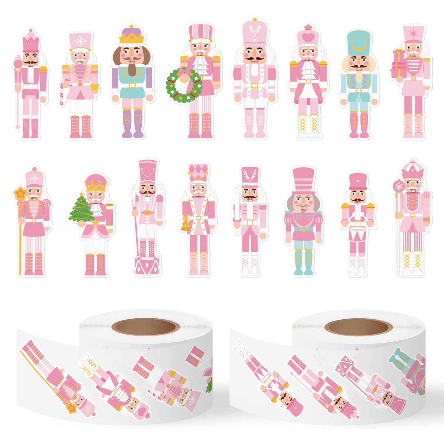 CNhoqc Christmas Nutcracker Sticker Roll - 1000 Pcs Pink Nutcracher Self-Adhesive Stickers, Water Bottles Book Luggage Decors for Kids Students Teens Adults, School Rewards Festival Gifts Party Favor