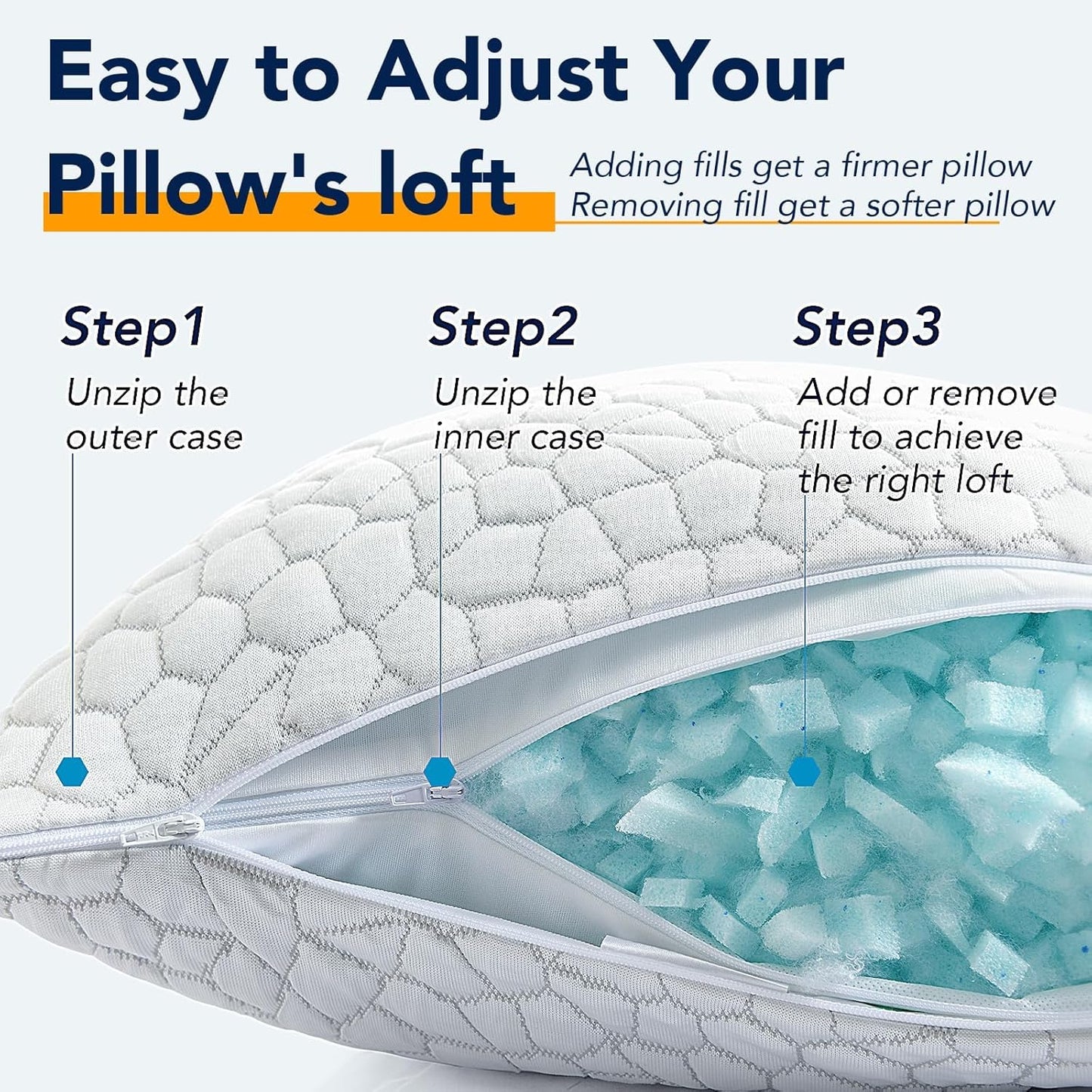 QUTOOL Cooling Pillow - CertiPUR-US Shredded Memory Foam Set of 2 | Adjustable Firmness for All Sleep Positions