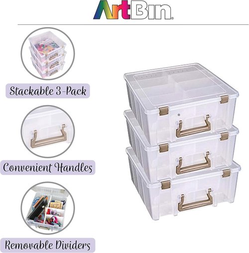 ArtBin Super Satchel Double Deep 3-Pack - Portable Art & Craft Organizers with Handles | Clear & Gold