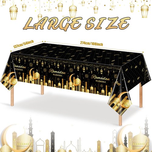 3 Pack Ramadan Plastic Tablecloth Decorations for Home, Eid Mubarak Ramadan Disposable Table Cover Decorations, Muslim Happiness Ramadan Eid Al-fitr Table Cloths for Ramadan Party Supplies, 54x108Inch