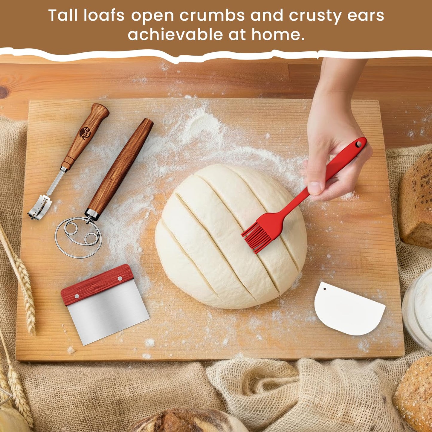 Riccle Sourdough Starter Kit – Bread Baking Supplies & Bread Making Tools with Cotton Rope Proofing Basket (9” Round & 10” Oval), Bread Lame with 15 Blades, Dough Whisk, Bowl Scraper & Silicone Brush